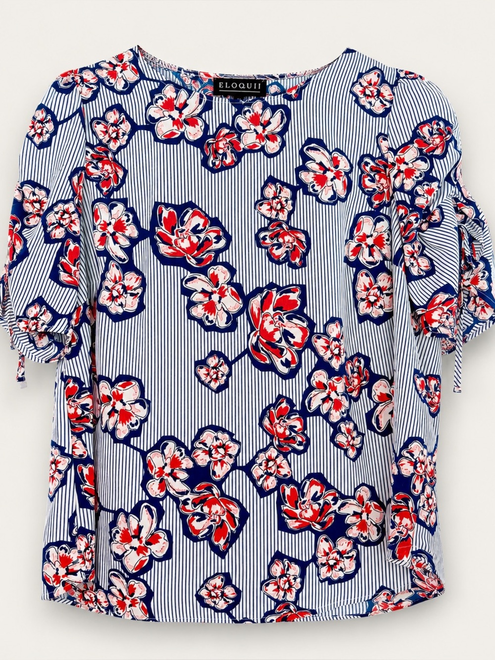 Eloquii Navy, White & Red Floral Stripe Puff-Sleeve Top